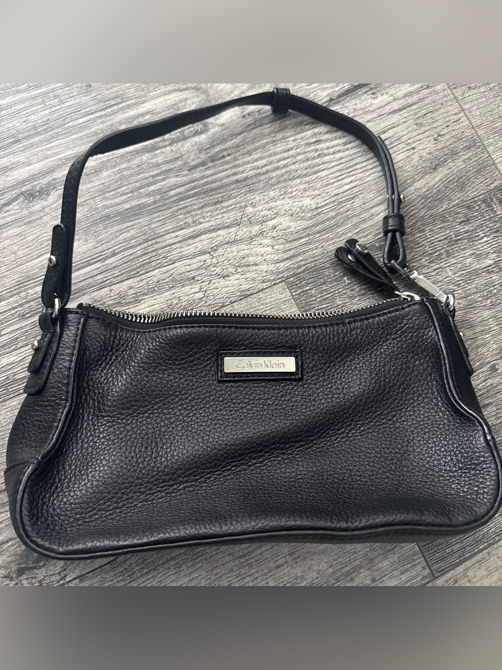 Calvin Klein Black Pebbled Leather Shoulder Bag with Logo Plate